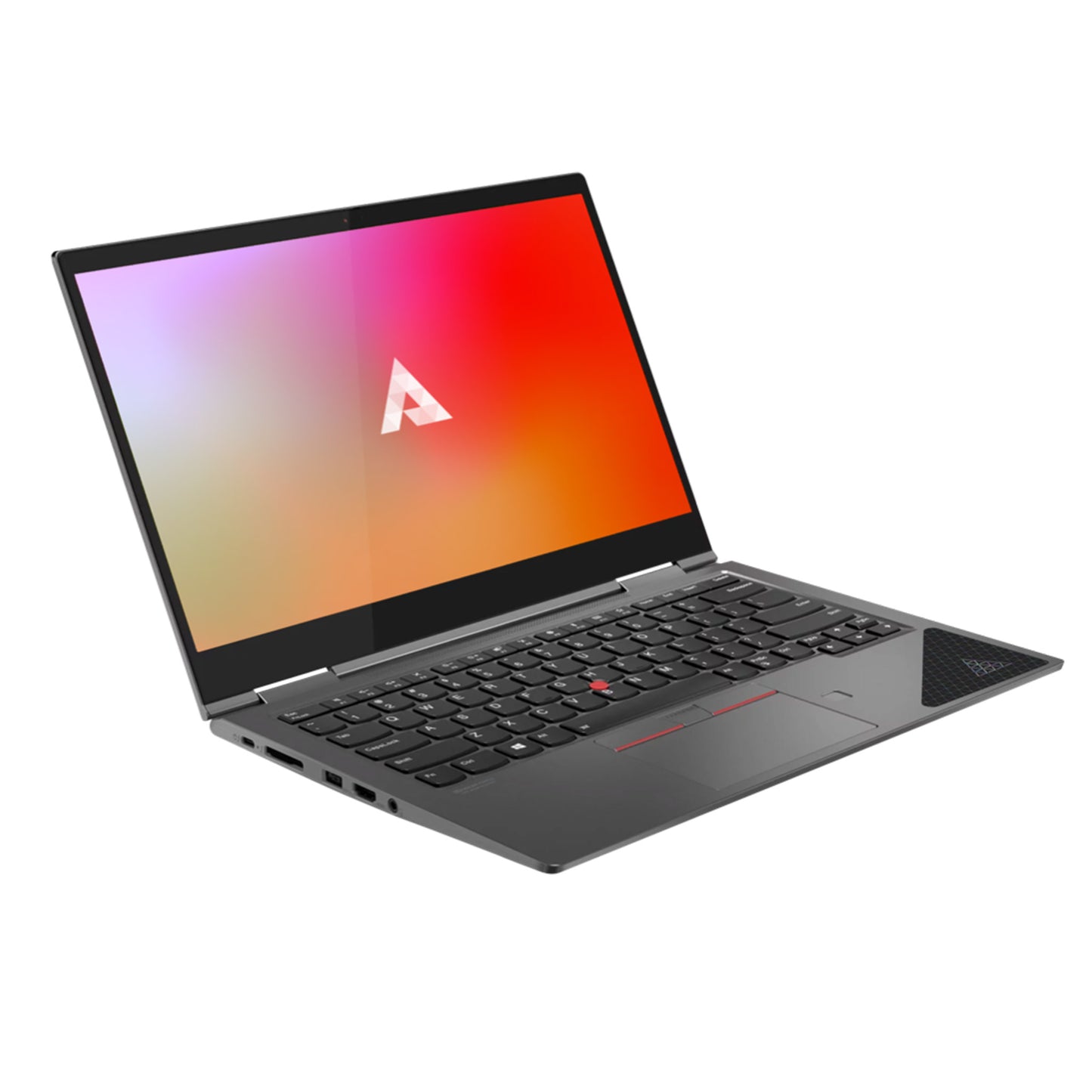 Dark gray laptop with black keyboard, red touchpad accent, and gradient display showing orange and pink tones with white arrow logo.