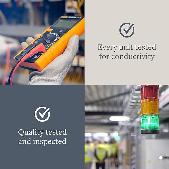 Quality assurance displays: multimeter testing conductivity and inspection tower lights representing GroundLuxe testing standards.