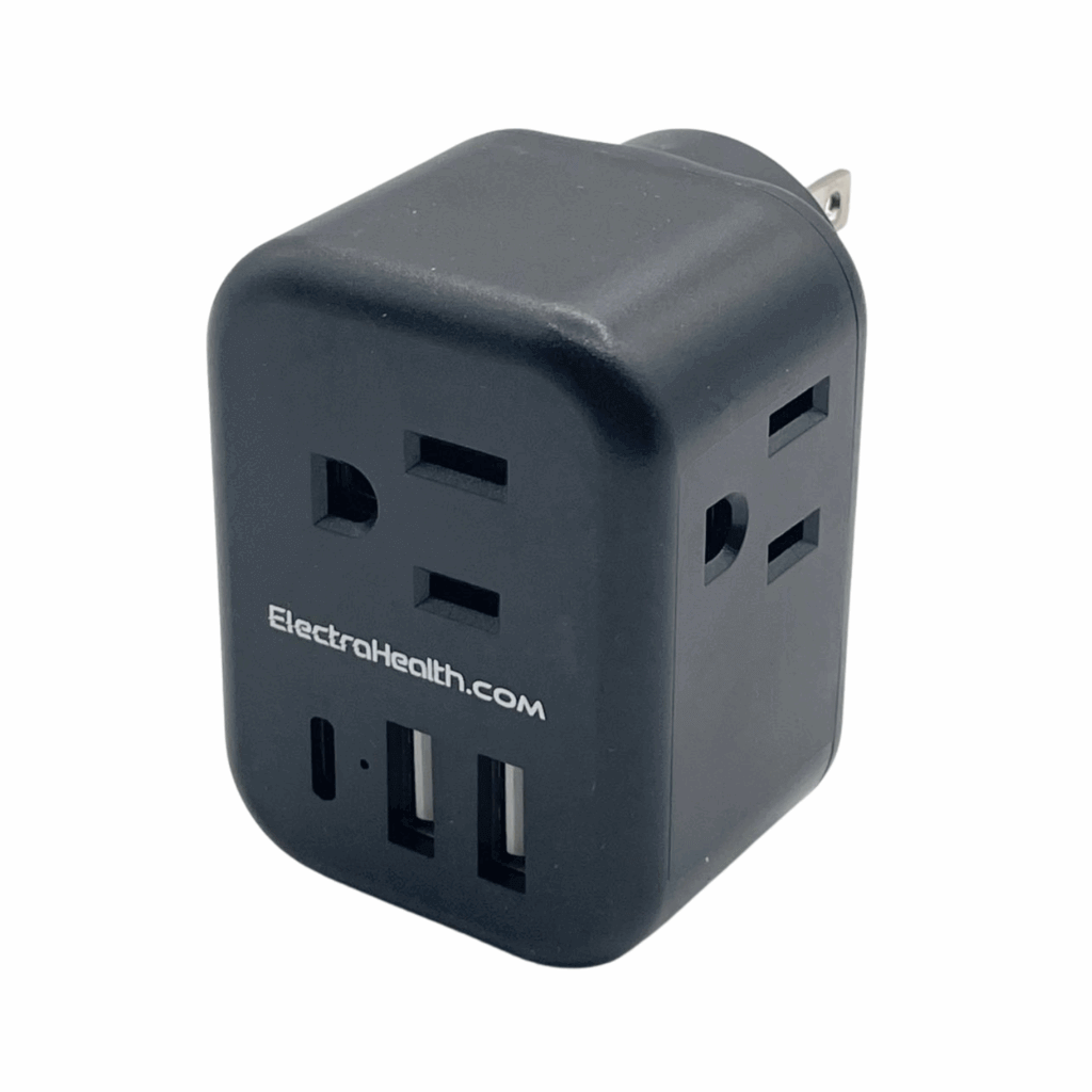 Black multi-outlet wall charger shown at an angle with grounded outlets on the front and side, a USB-C port and two USB-A ports.