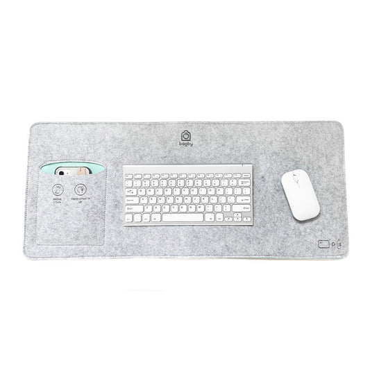 Bagby MAT desk pad in Gray/Mint with a white wireless keyboard and mouse, and a phone in the mint-lined pocket.