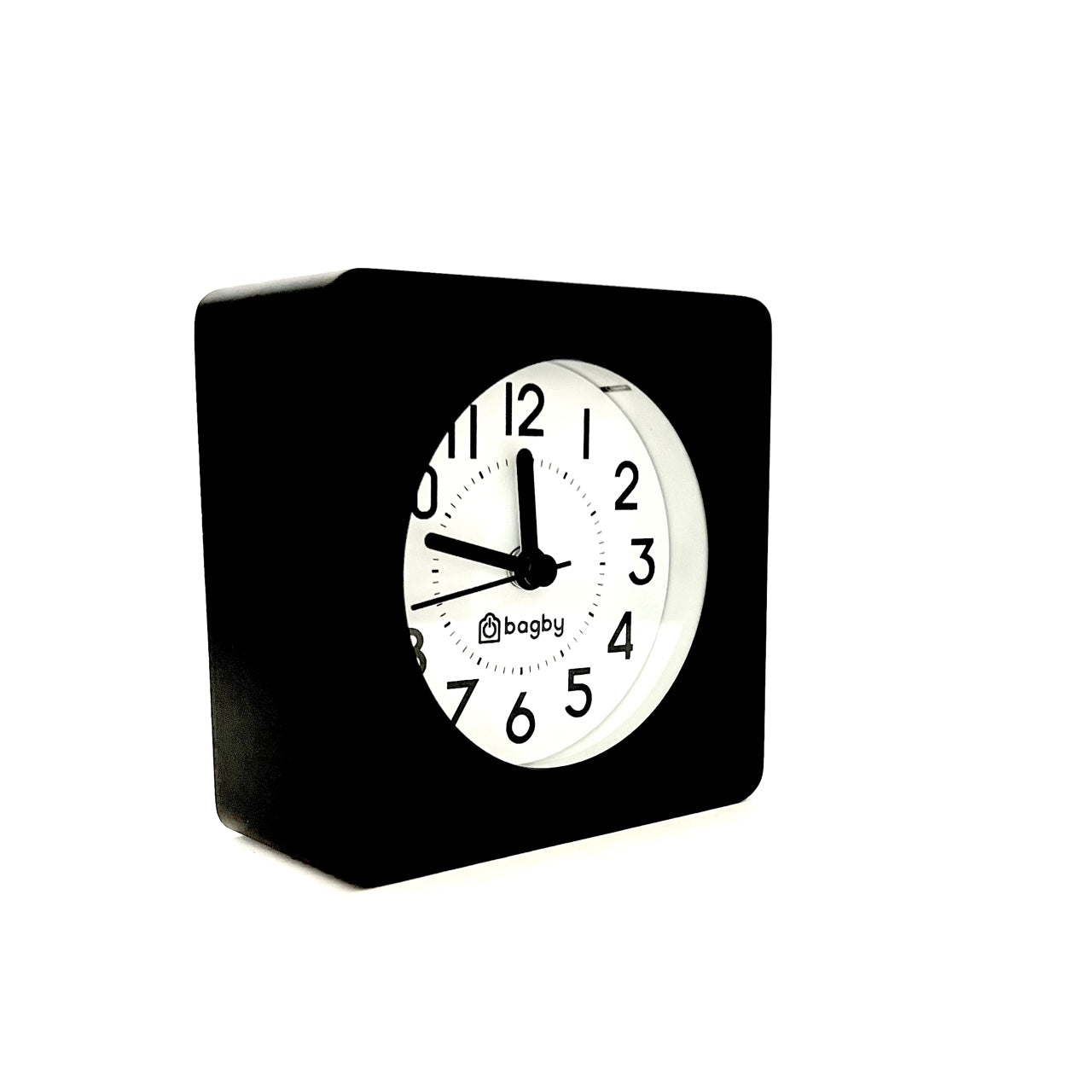 Bagby EMF-Free Classic Silent Analog Alarm Clock with black square case and white face displaying 3:00.