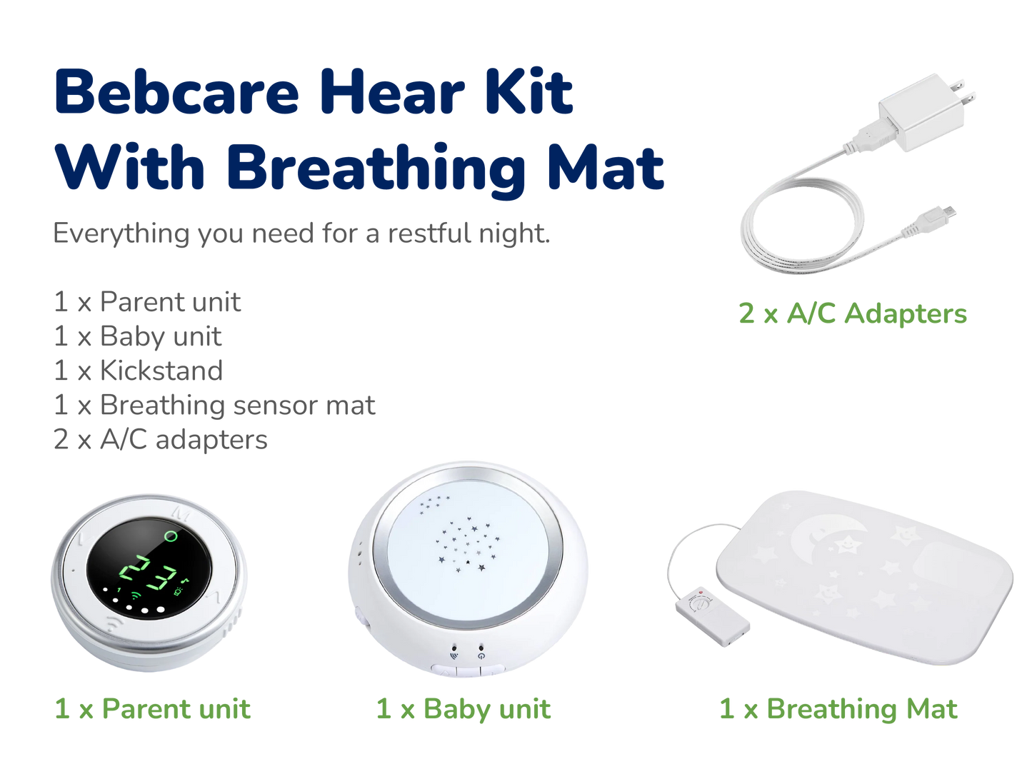 Bebcare Hear Kit contents displayed: parent unit with green display, baby unit with star design, breathing sensor mat, kickstand, and two AC adapters.