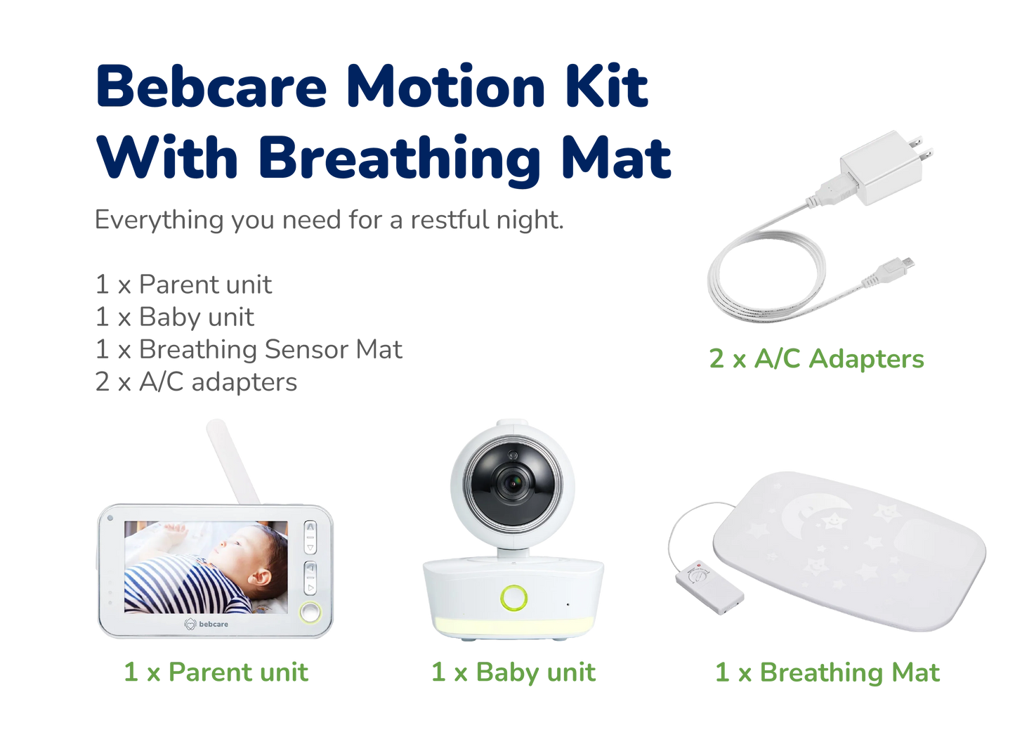 Bebcare Motion Kit contents displayed: parent monitor unit, baby camera unit, breathing sensor mat, and two AC adapters.