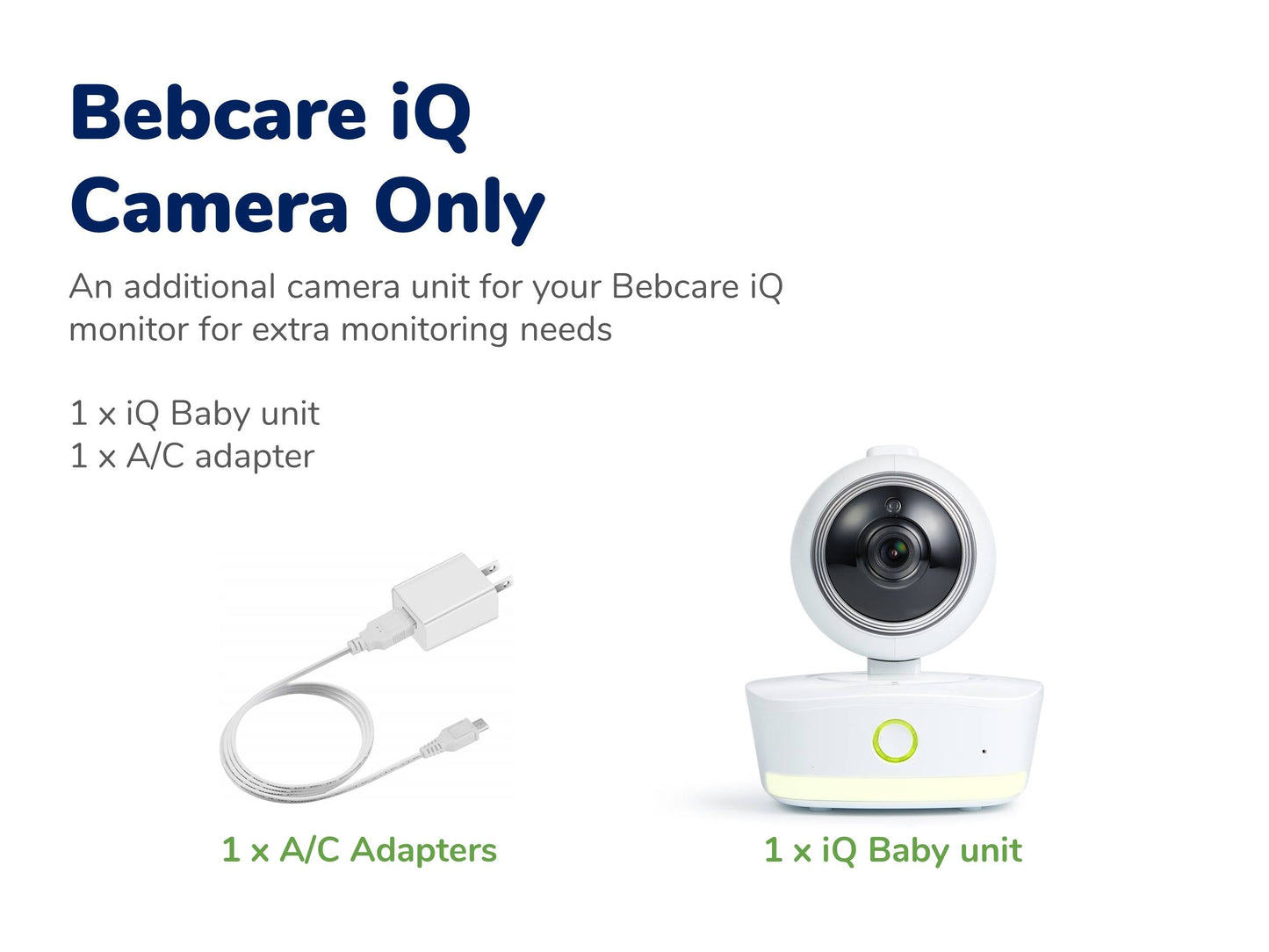 Bebcare iQ Camera Only package contents: white AC adapter with cord and circular white iQ Baby unit with black camera lens and green power button.