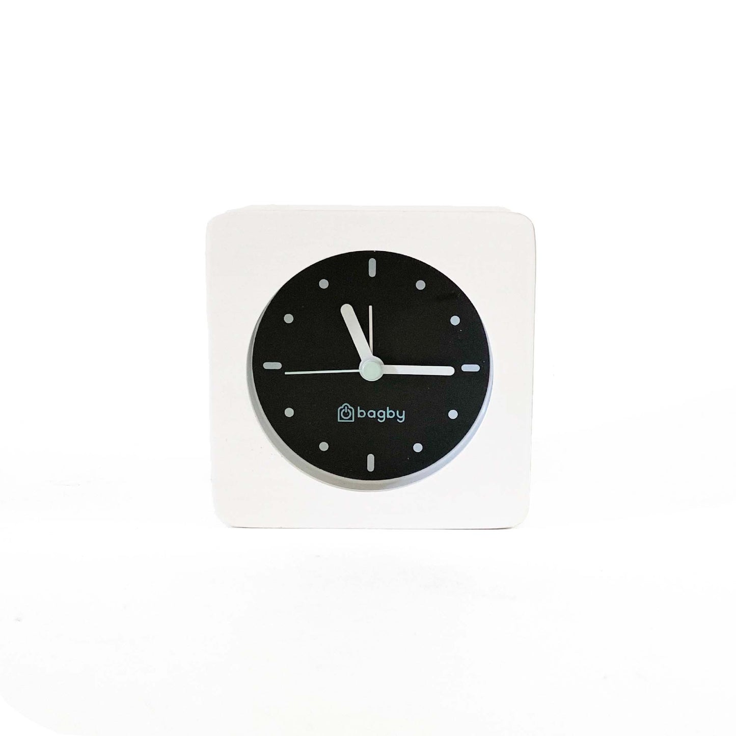 Bagby EMF-Free Minimalist Silent Analog Alarm Clock with white square frame, black dial, white numerals and hands, displayed against white background.