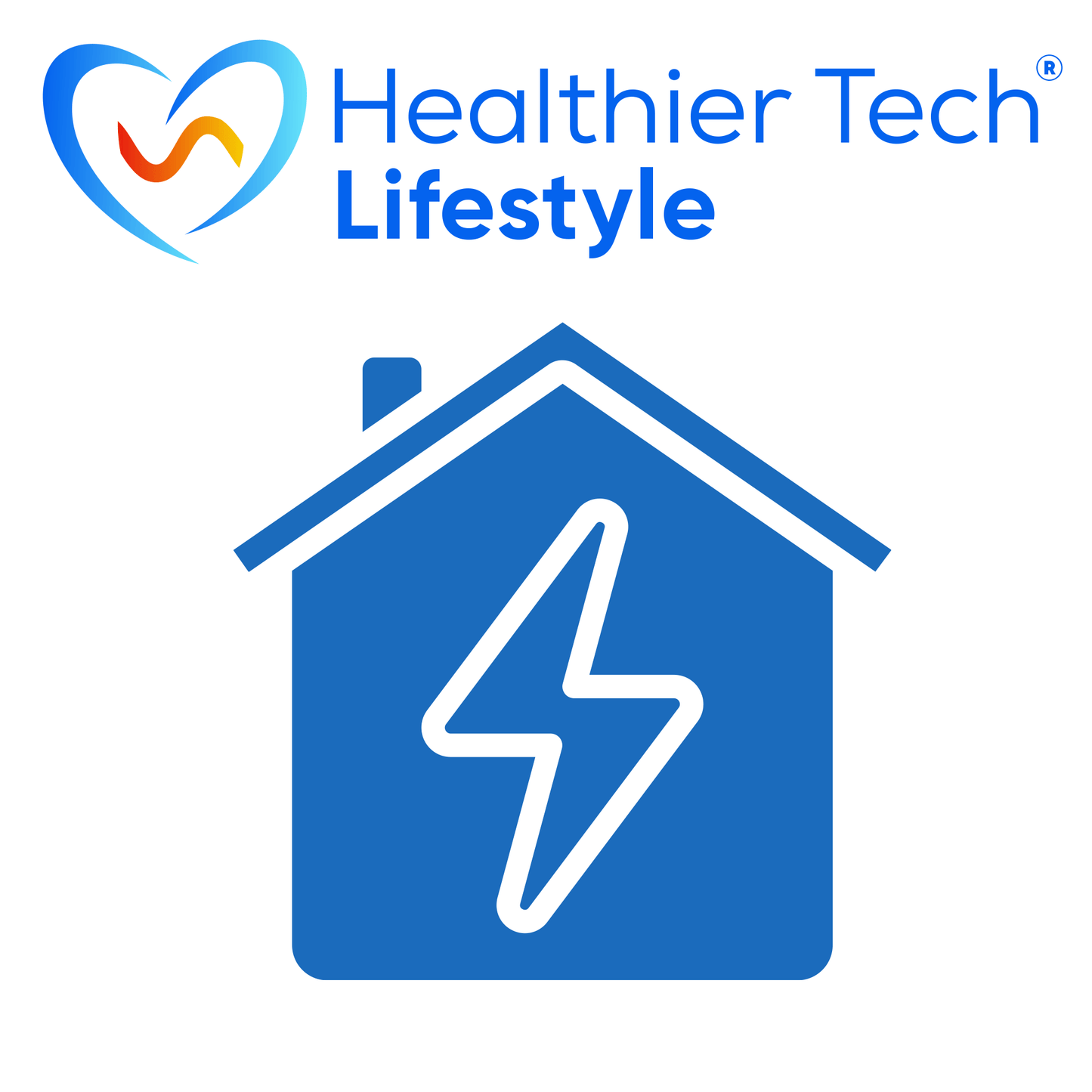 Healthier Tech Lifestyle logo above a blue house icon containing a white lightning bolt symbol.