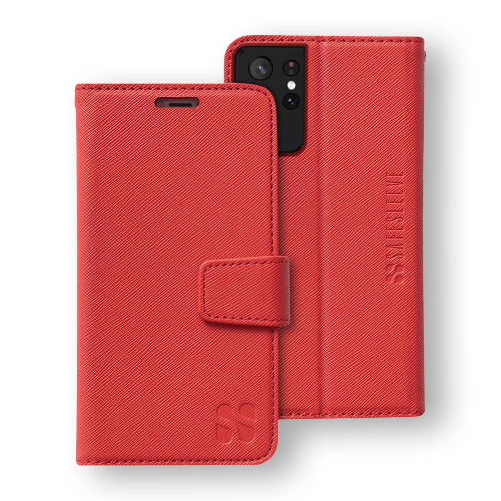 SafeSleeve Case for Samsung Galaxy in red, shown open and closed views displaying front cover and back panel with textured fabric design.