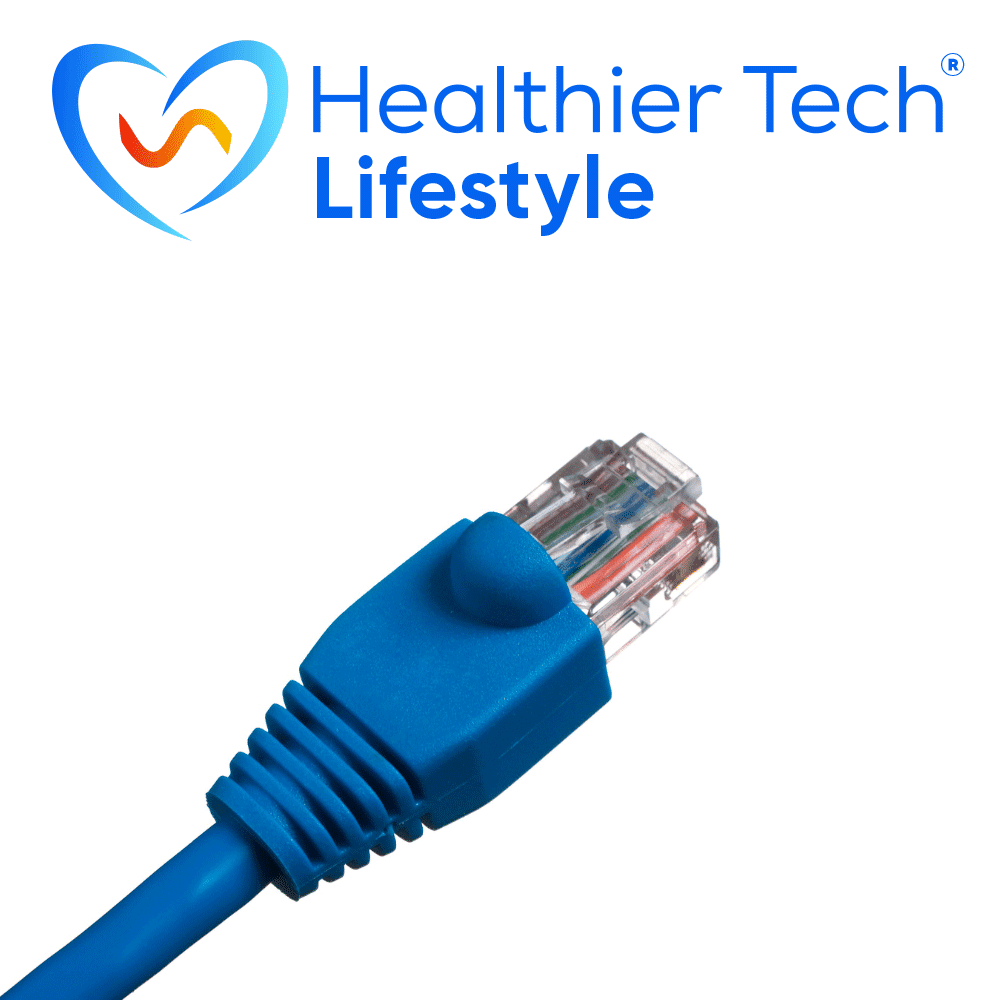Blue ethernet cable with RJ45 connector for "How to Hardwire Your Internet Course"
