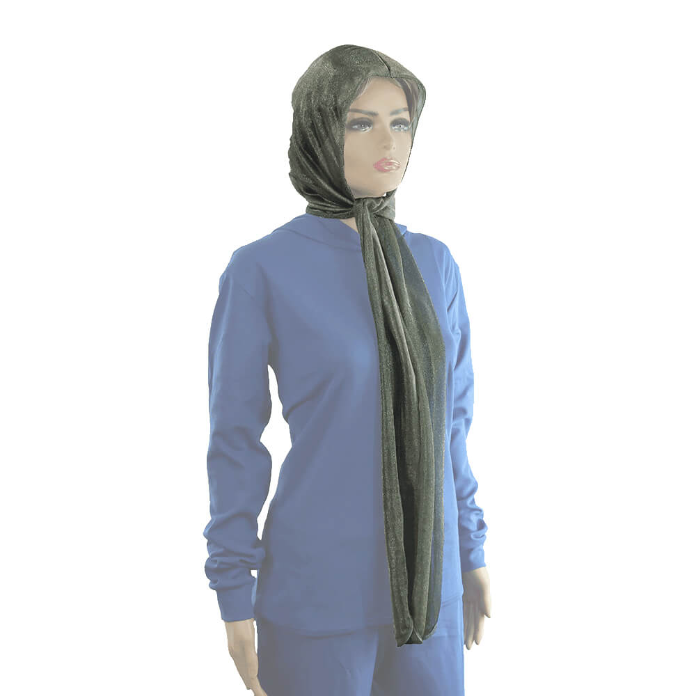 Mannequin wearing blue long-sleeve top with olive green LessEMF High Performance Hooded Scarf draped over shoulder, rear three-quarter view.