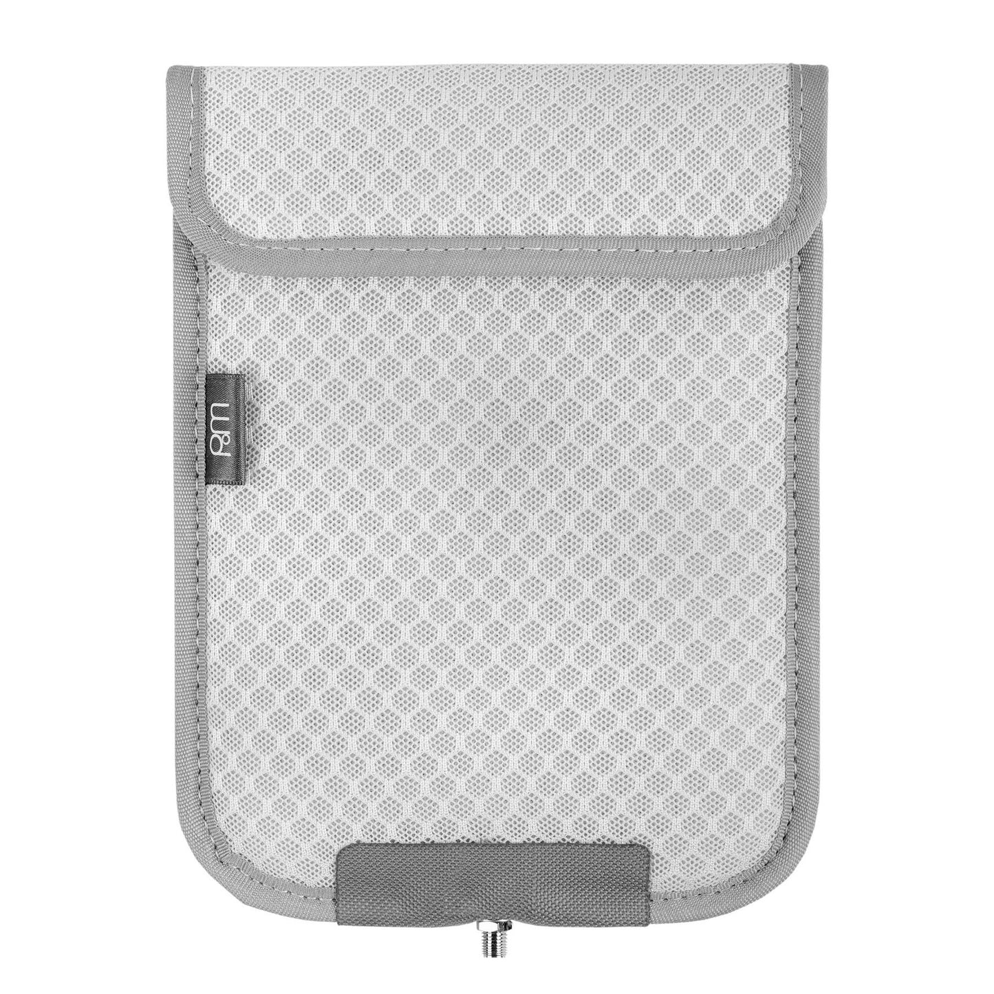 PoM Shield ECO Phone Faraday Cage in light gray mesh material with gray trim and branded label, front view.
