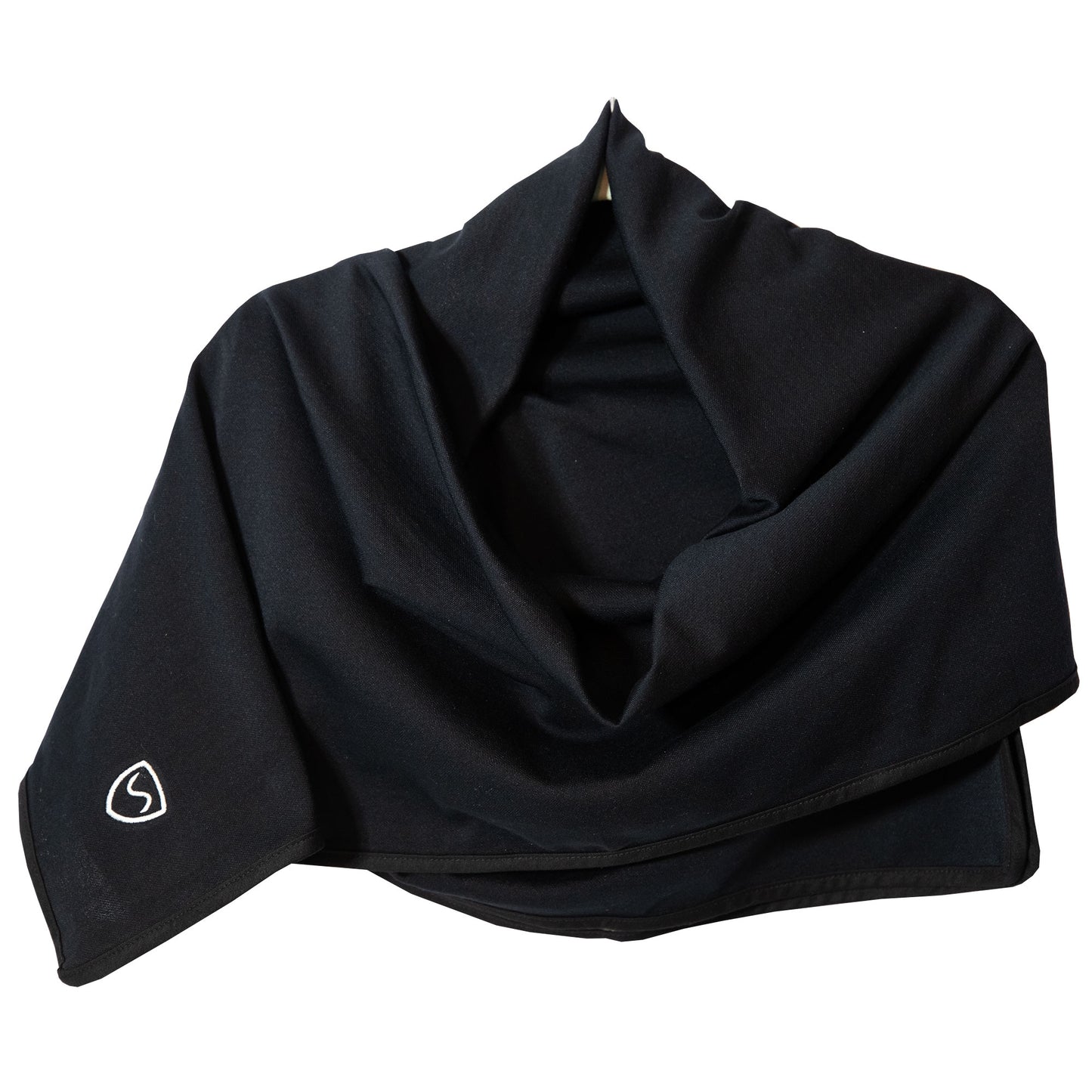 Black SYB Scarf draped and arranged to show fabric texture and draping quality, with small logo visible on corner.