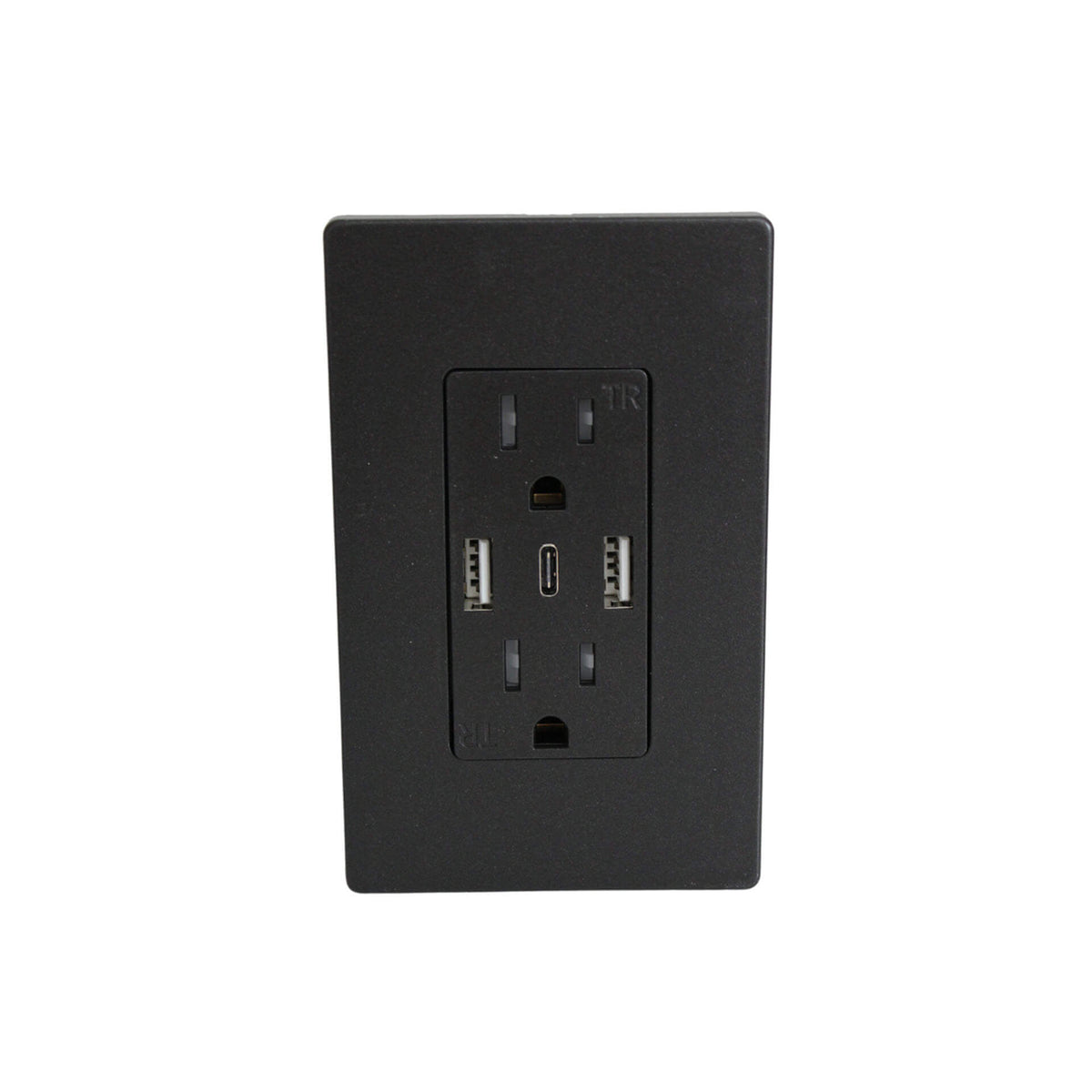 Black wall outlet and wall plate with two grounded AC receptacles, two USB-A ports and one USB-C port, on a white background.