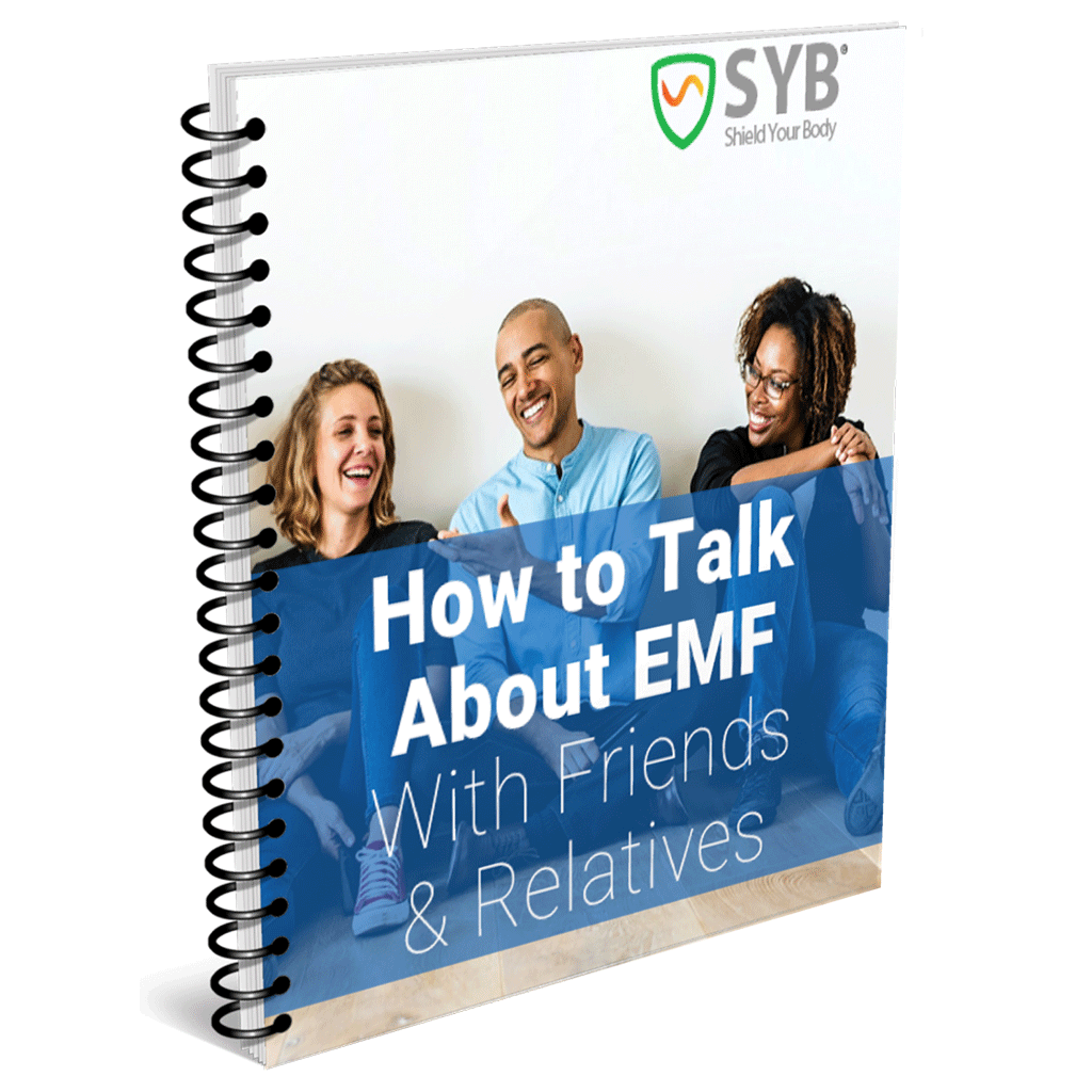 SYB 'How to Talk About EMF With Friends & Relatives' spiral-bound ebook with three smiling people on cover.