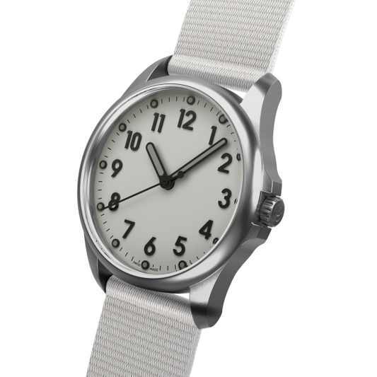 Mudita Radiant Natural White automatic field watch - side view