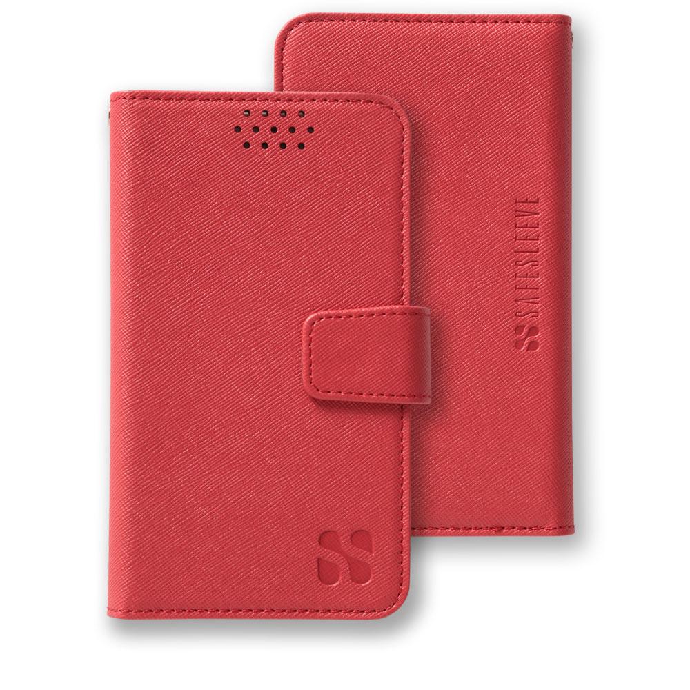SafeSleeve Universal Cell Phone Case in coral red, shown open and closed to display front and back design with magnetic closure.