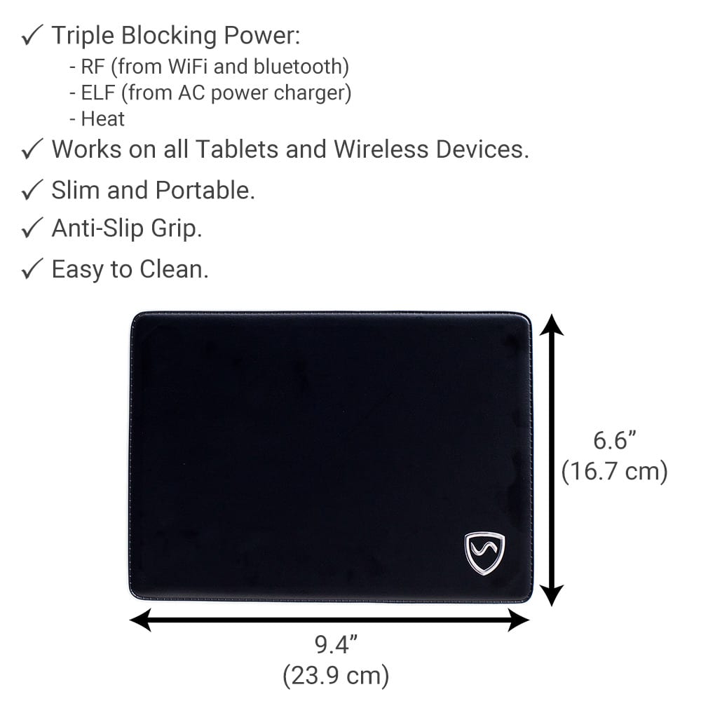 Black SYB Tablet Pad with shield logo shown with dimensions 9.4" x 6.6", featuring triple blocking power and anti-slip grip specifications listed above.