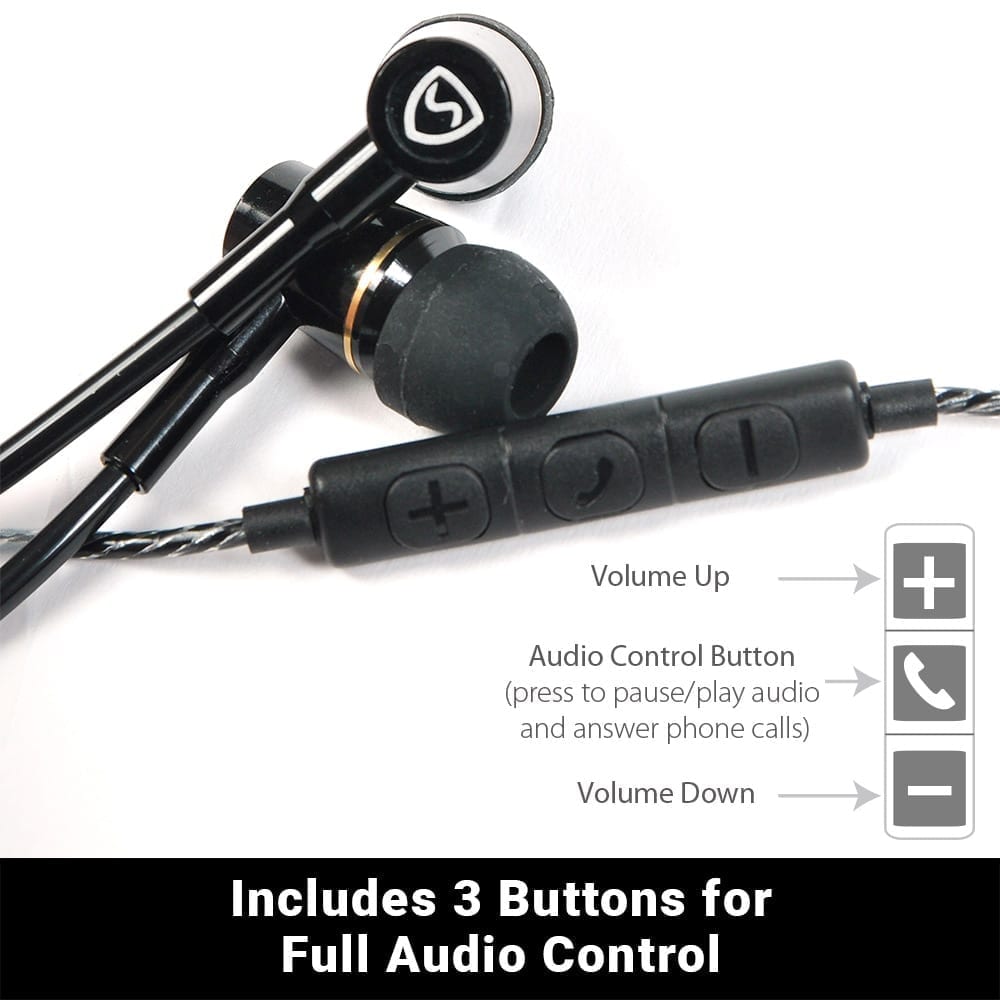 SYB Air Tubes headphones with inline remote showing volume up, audio control button, and volume down controls for full audio management.
