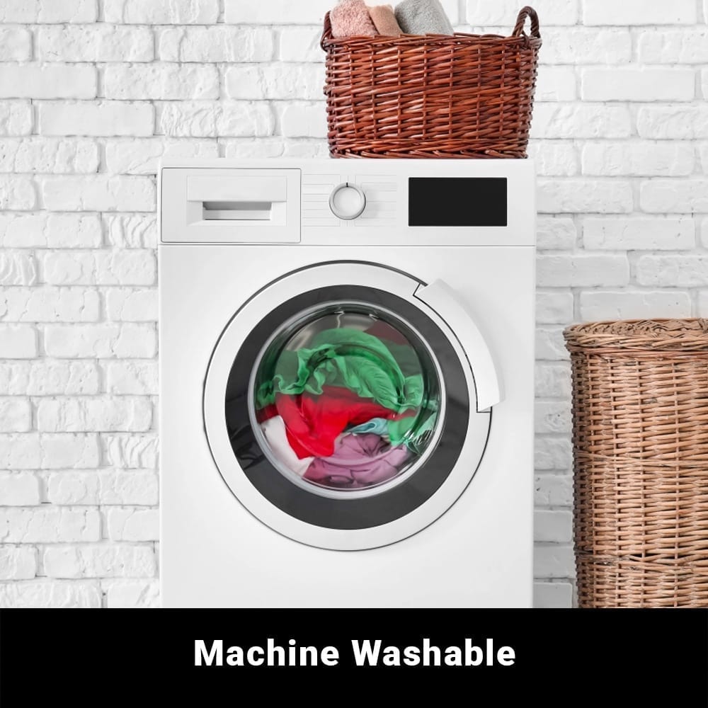White washing machine with colorful clothes inside, wicker baskets nearby, text "Machine Washable" below.