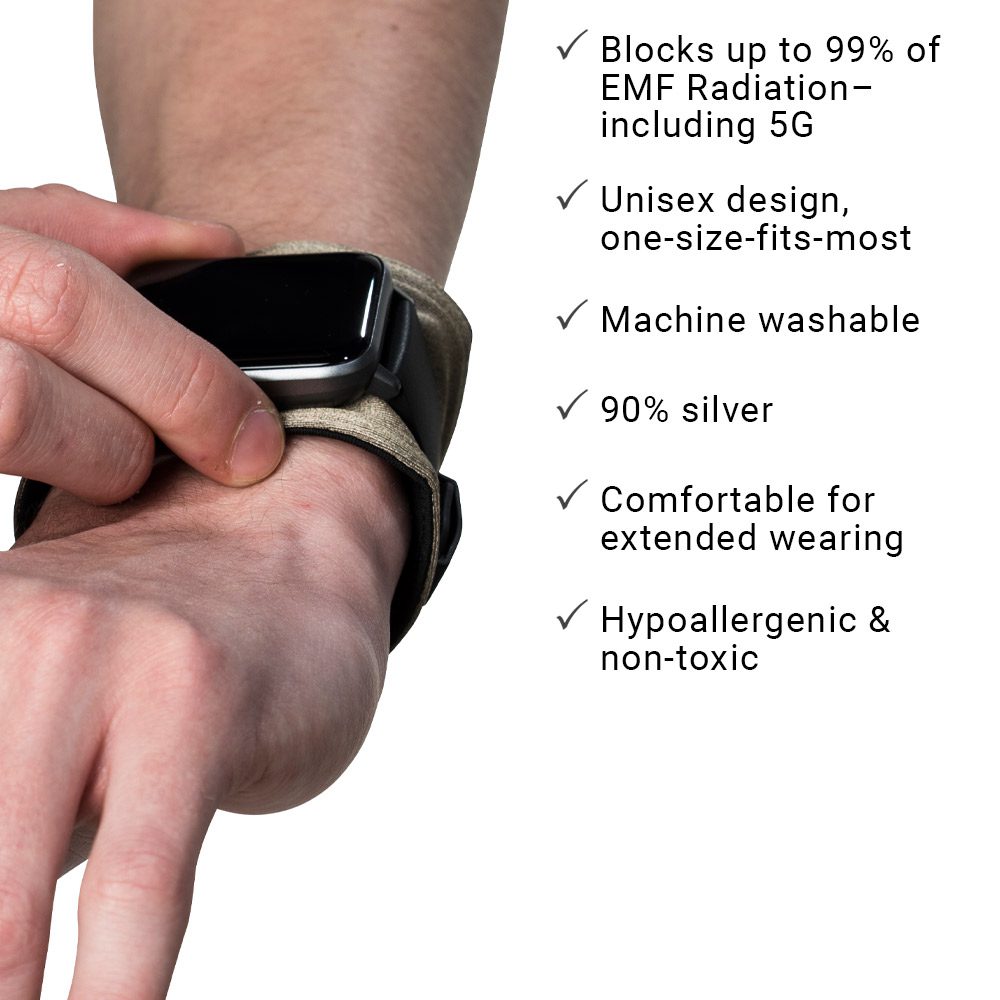 SYB Wrist Band worn on wrist with feature list: blocks 99% EMF radiation including 5G, unisex design, machine washable, 90% silver, comfortable extended wear, hypoallergenic and non-toxic.