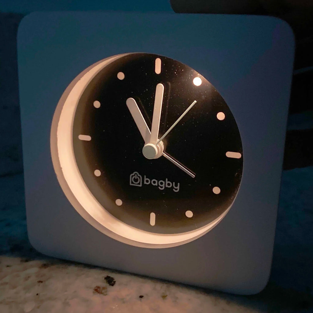 Bagby Low-EMF Alarm Clock in blue color in dark room