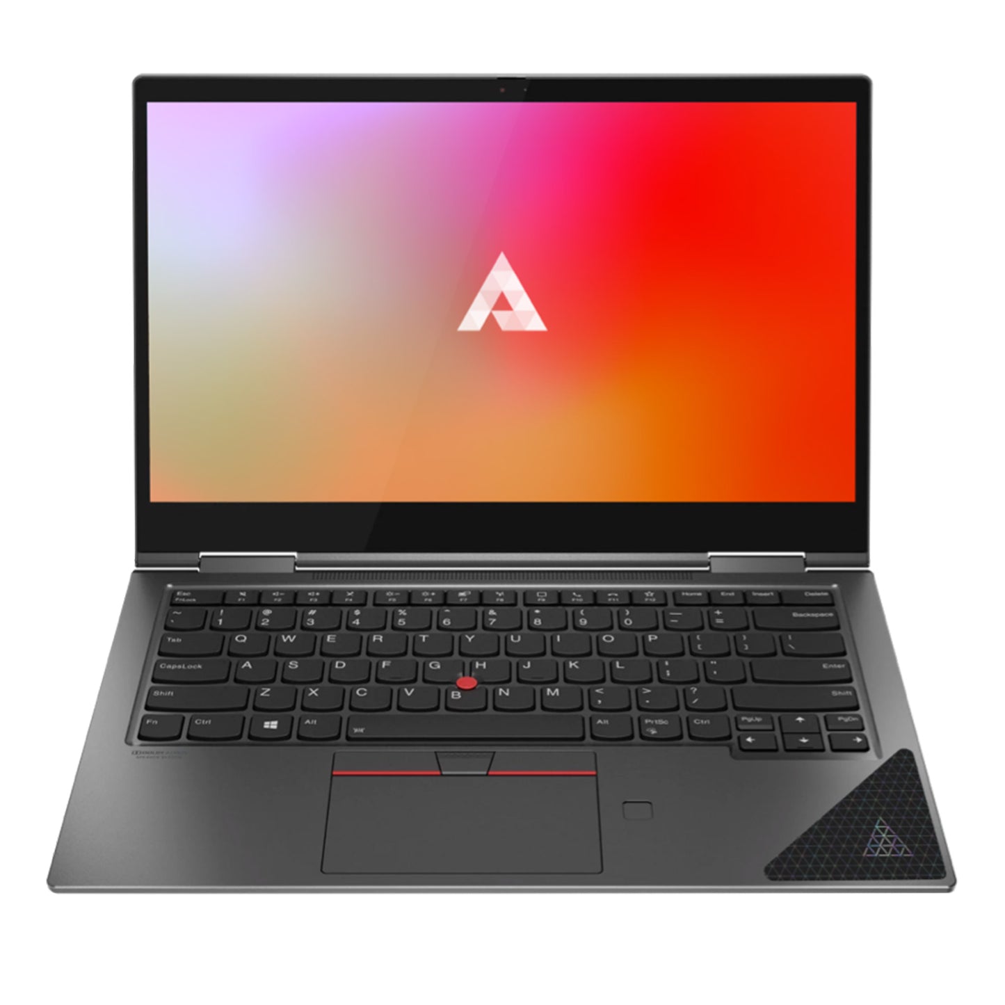 Above Privacy & Low EMF Laptop Bundle displayed from front view with colorful gradient screen and red TrackPoint pointing device visible on keyboard.