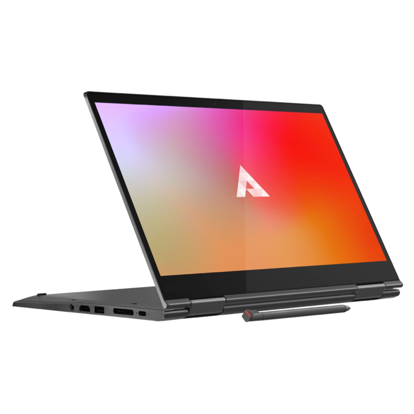 Above Privacy & Low EMF Laptop Bundle in tent mode with stylus, displaying colorful gradient screen on black background.