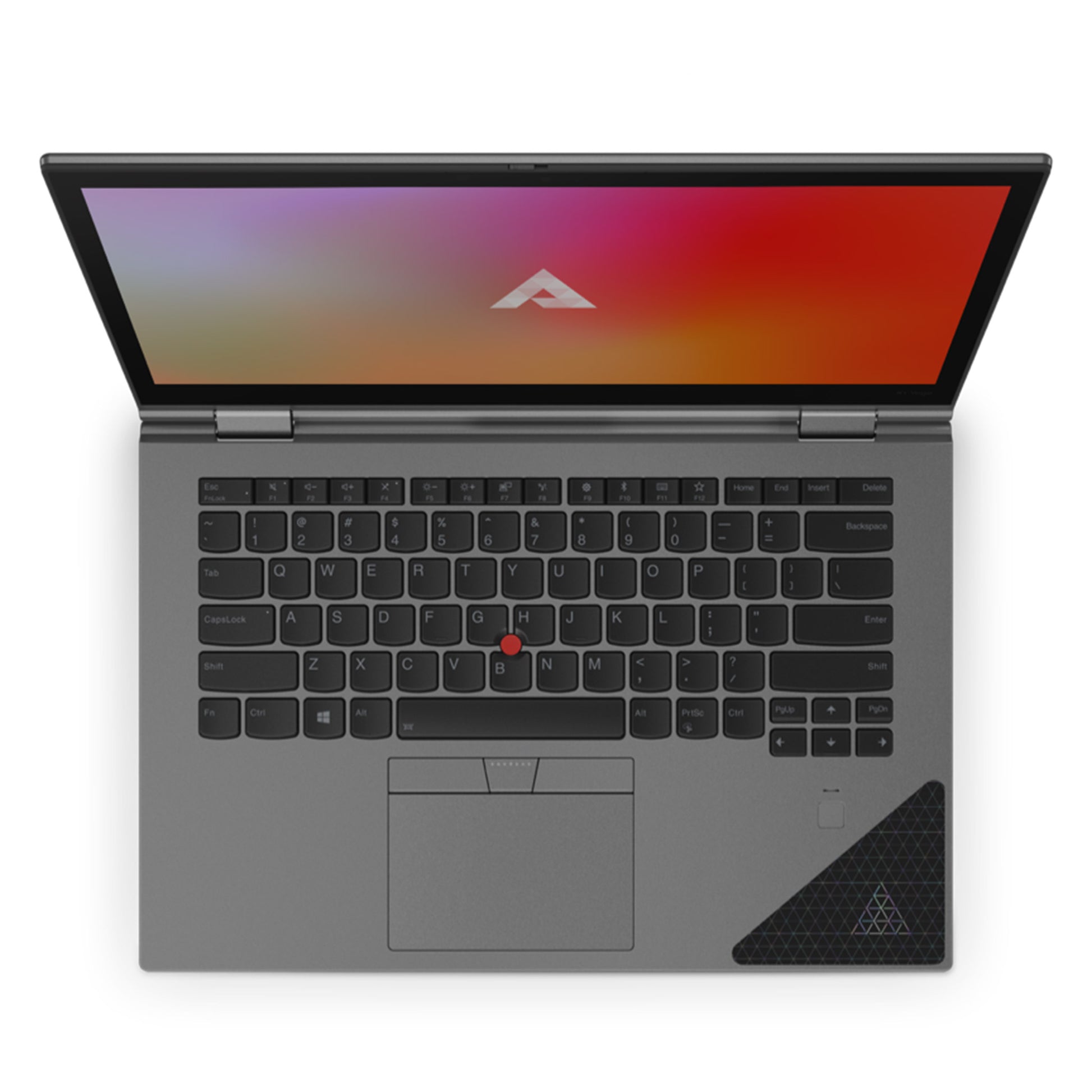 Above Privacy & Low EMF Laptop Bundle displayed from above, showing keyboard with red trackpoint, gray chassis, and gradient display screen.