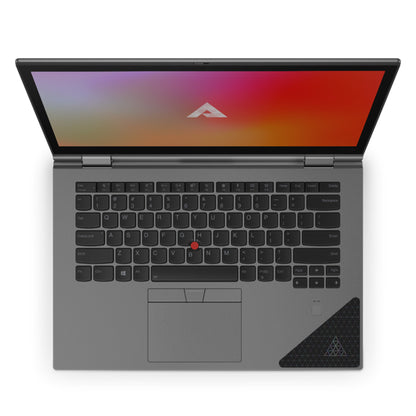 Above Privacy & Low EMF Laptop Bundle displayed from above, showing keyboard with red trackpoint, gray chassis, and gradient display screen.
