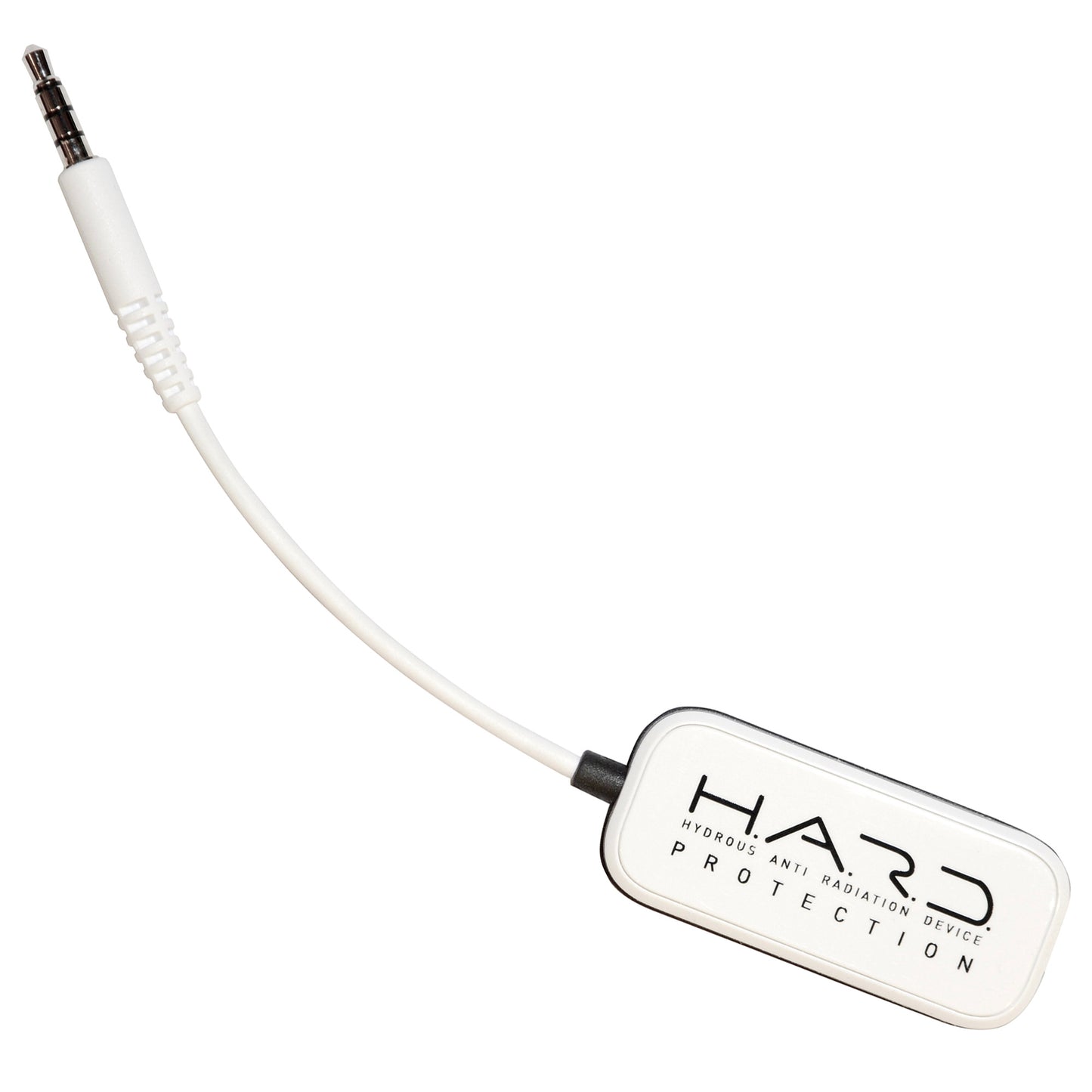 SYB H.A.R.D. anti-radiation device with white 3.5mm headset connector and coiled cable attached to rectangular white protective case.