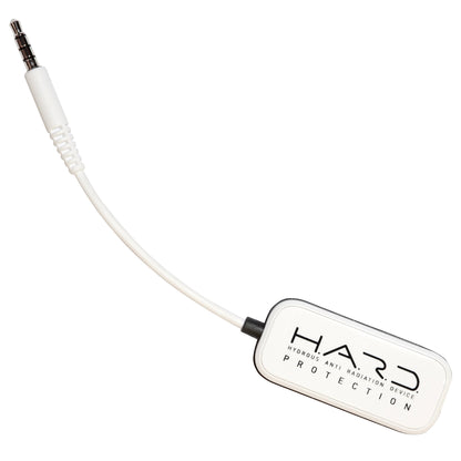 SYB H.A.R.D. anti-radiation device with white 3.5mm headset connector and coiled cable attached to rectangular white protective case.