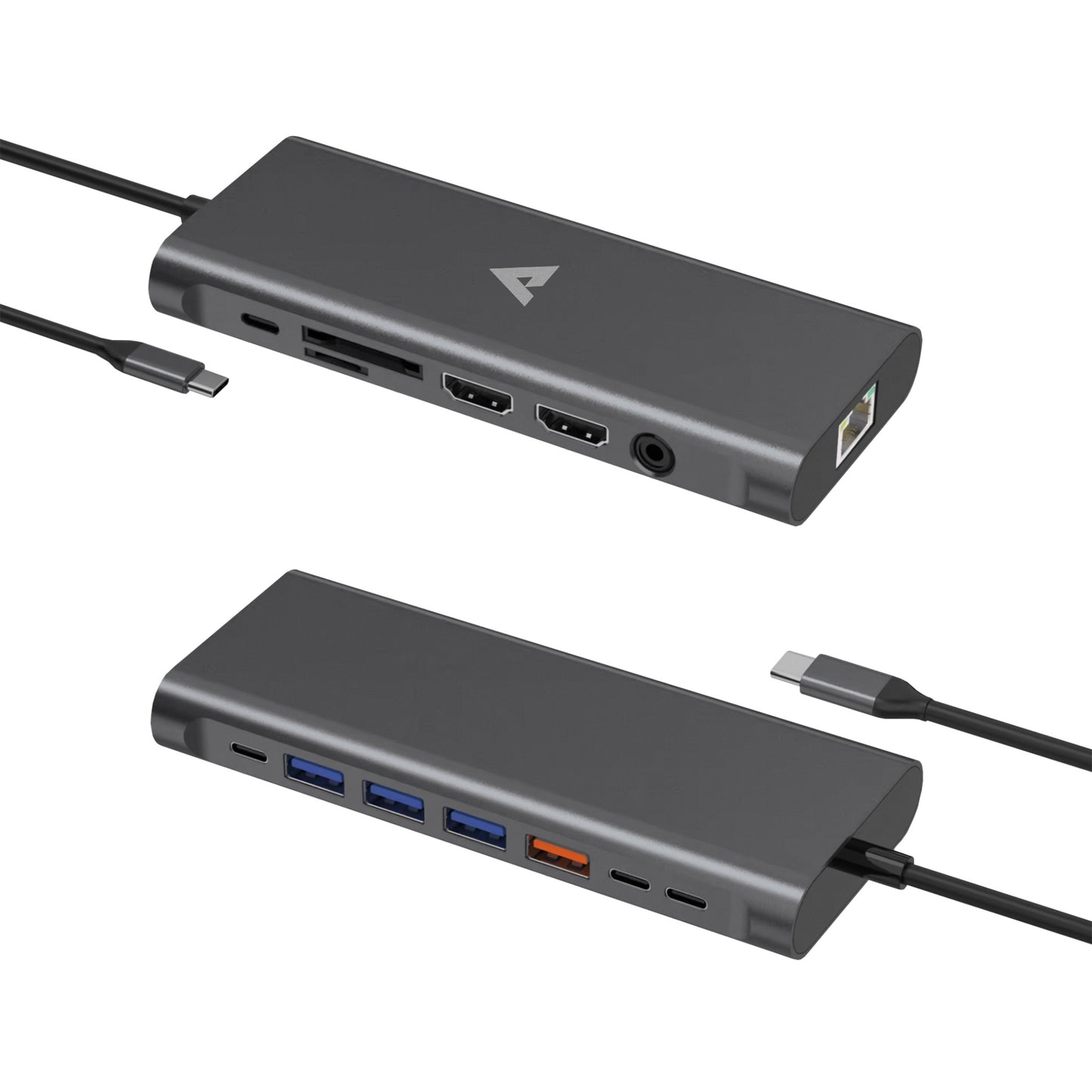 Two USB-C docking stations with ports for HDMI, USB 3.0, SD card reader, and audio jack displayed side by side.