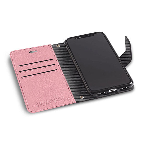 SafeSleeve Case for iPhone opened to show pink exterior with card slots and black interior protecting phone.