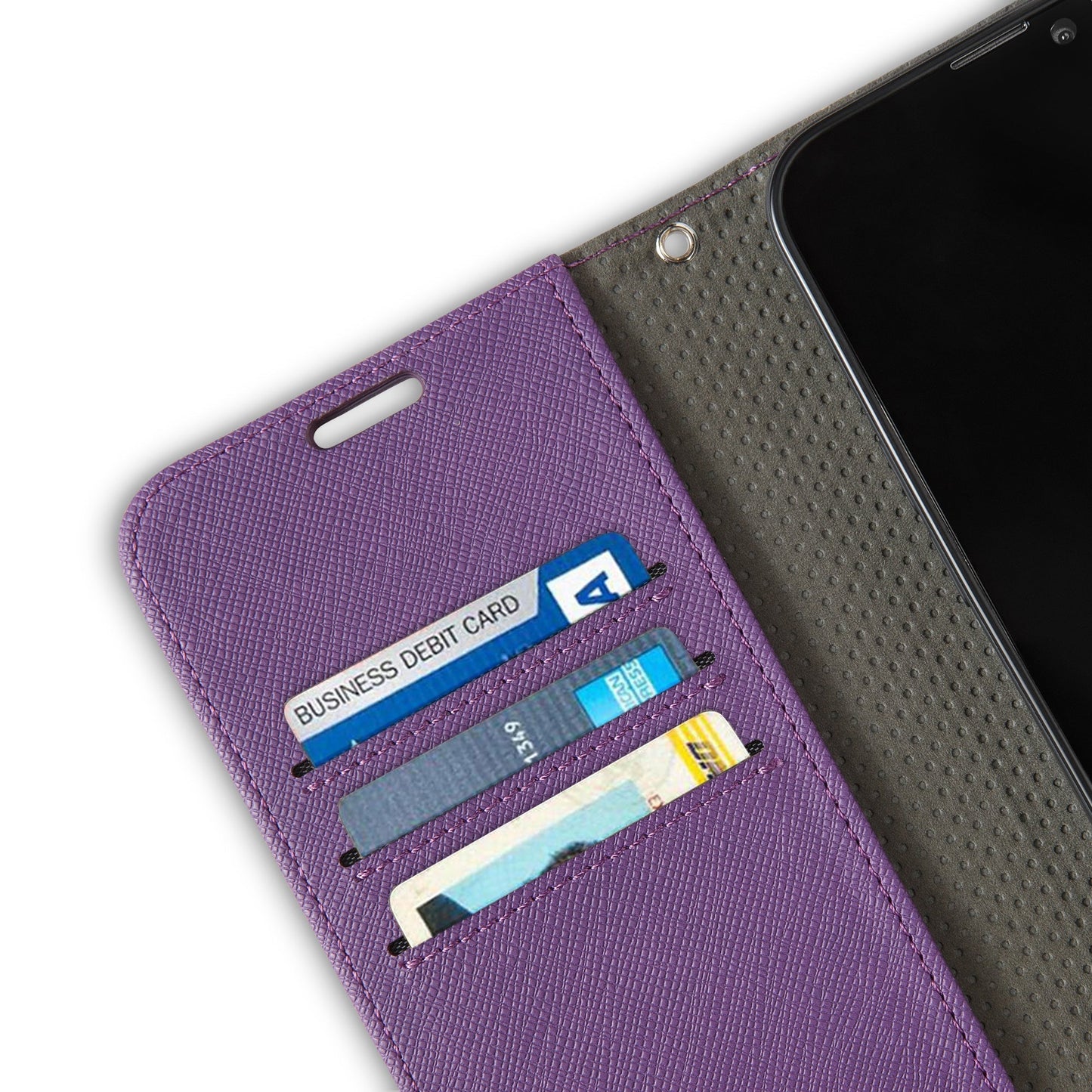 Purple SafeSleeve iPhone case open, displaying interior card slots holding a business debit card and other payment cards.