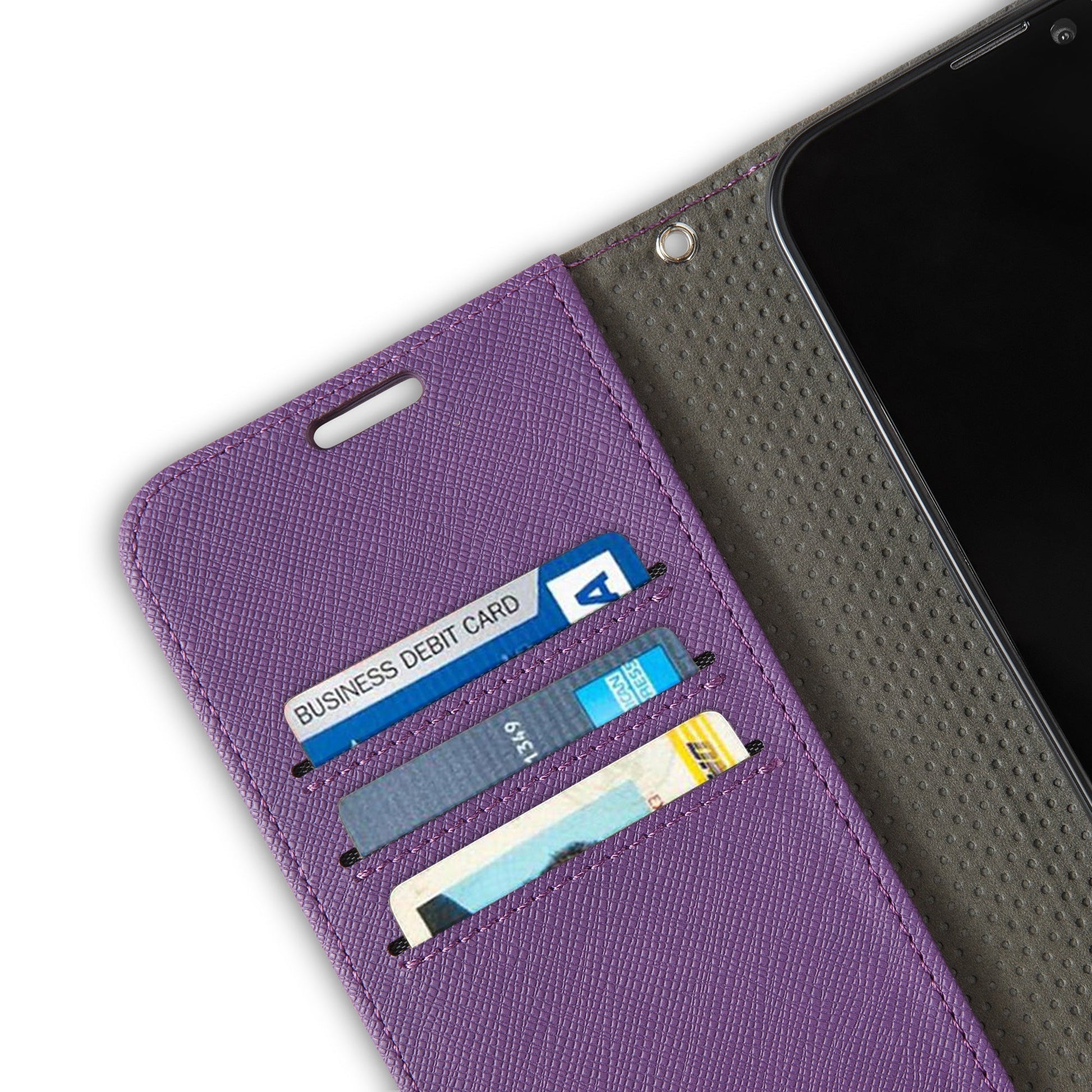 Purple SafeSleeve iPhone case open, displaying interior card slots holding a business debit card and other payment cards.