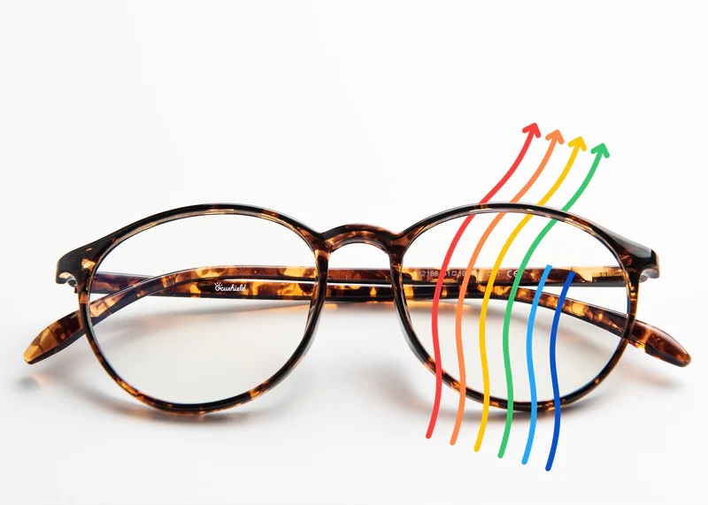 Ocushield Clear blue light glasses with tortoiseshell frame, showing colorful light spectrum rays passing through the lens.