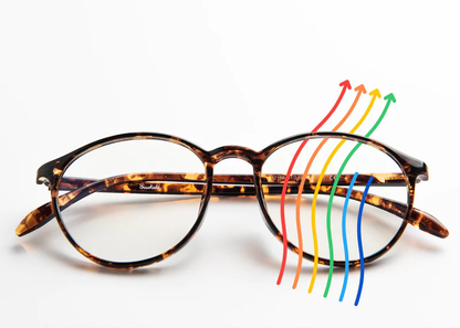 Ocushield Clear blue light glasses with tortoiseshell frame, showing colorful light spectrum rays passing through the lens.