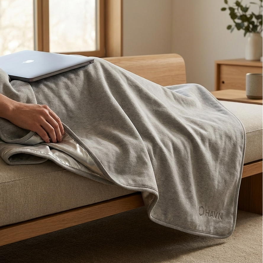 Person draped in HAVN WaveStopper™ Blanket on beige couch with laptop, showing blanket in use in minimalist room.