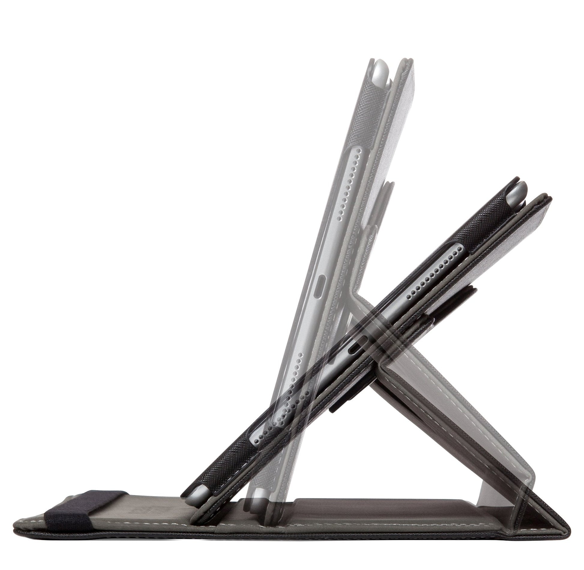 SafeSleeve Universal Tablet Case displayed in multiple angles showing the stand feature with gray and black color options.