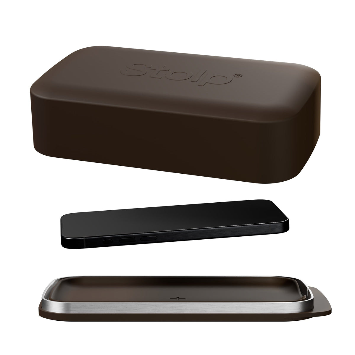Brown Bagby Stolp Faraday phone box shown open with its lid, metal-rimmed tray and a black phone laid between them on white.