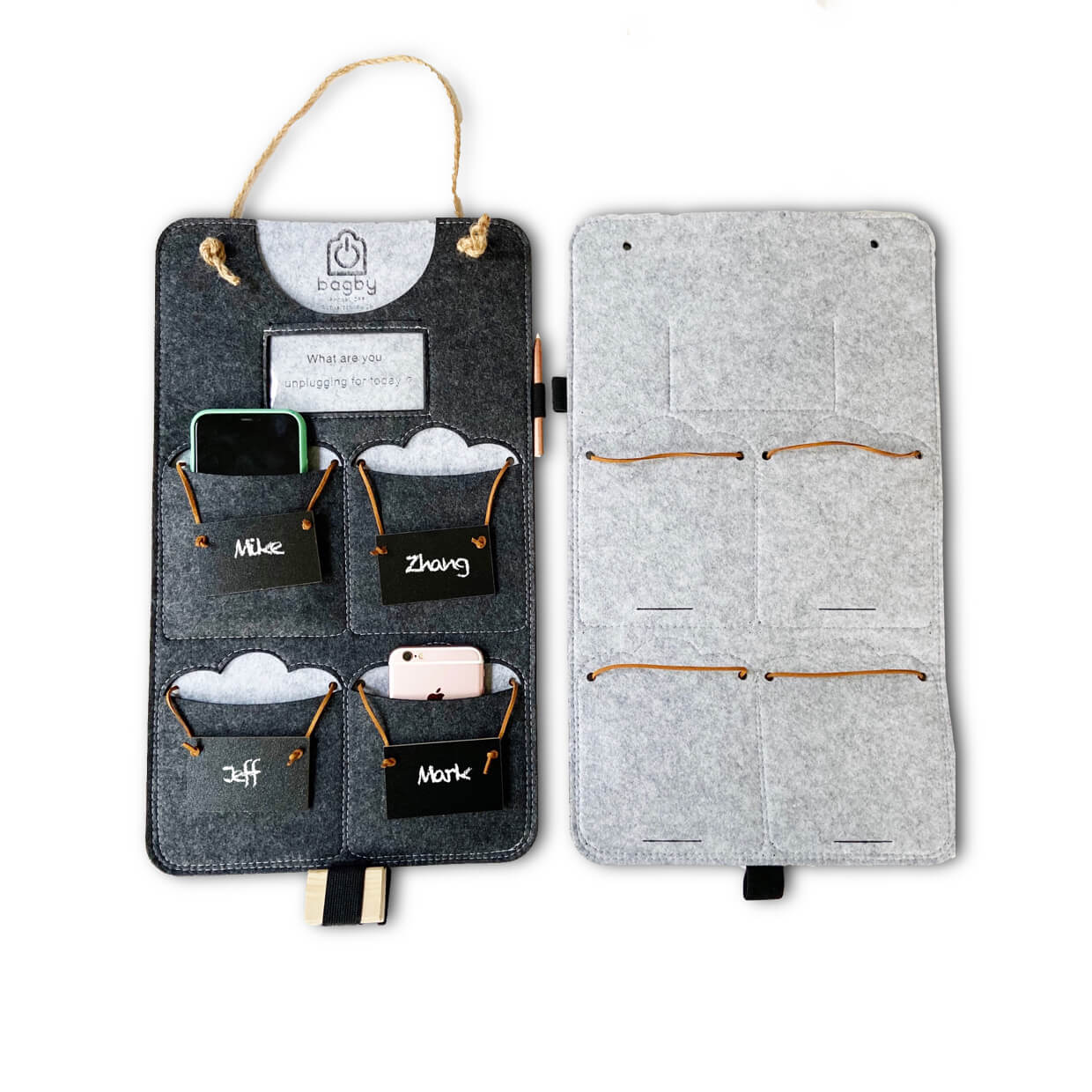 Bagby 4 Pocket Phone Holder front and back views showing charcoal felt with labeled pockets and light gray reverse side with elastic straps.