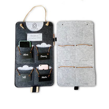 Bagby 4 Pocket Phone Holder front and back views showing charcoal felt with labeled pockets and light gray reverse side with elastic straps.