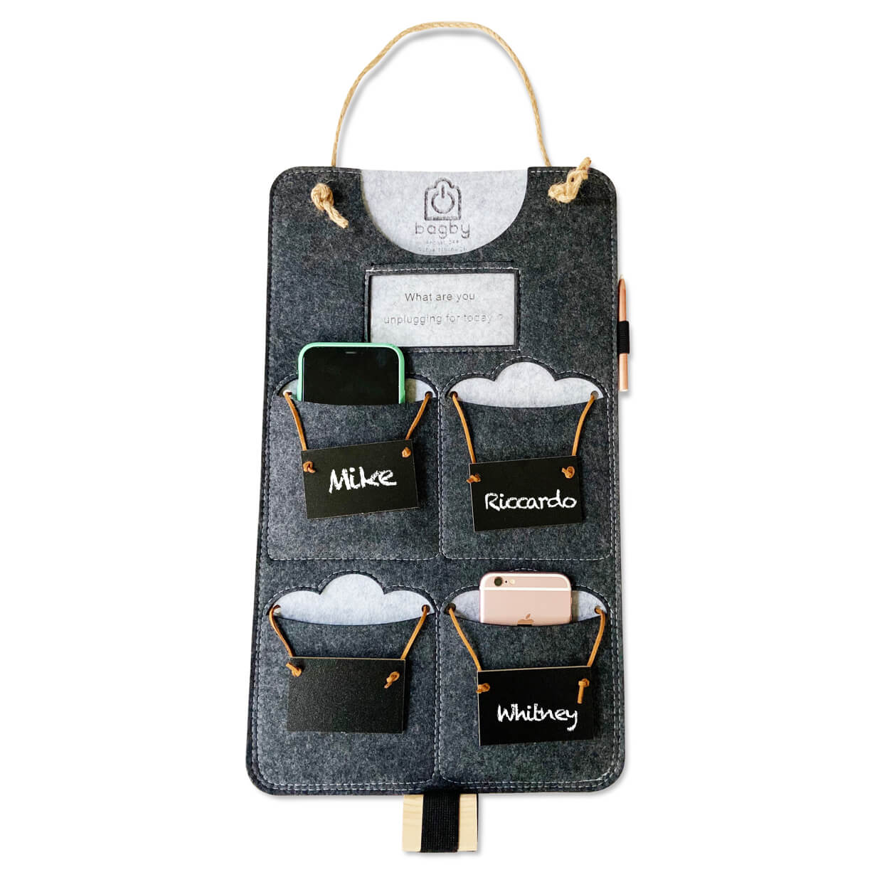 Bagby 4 Pocket Phone Holder in gray felt with rope handles, displaying four labeled pockets containing a phone, airpods, and cloud-shaped items.