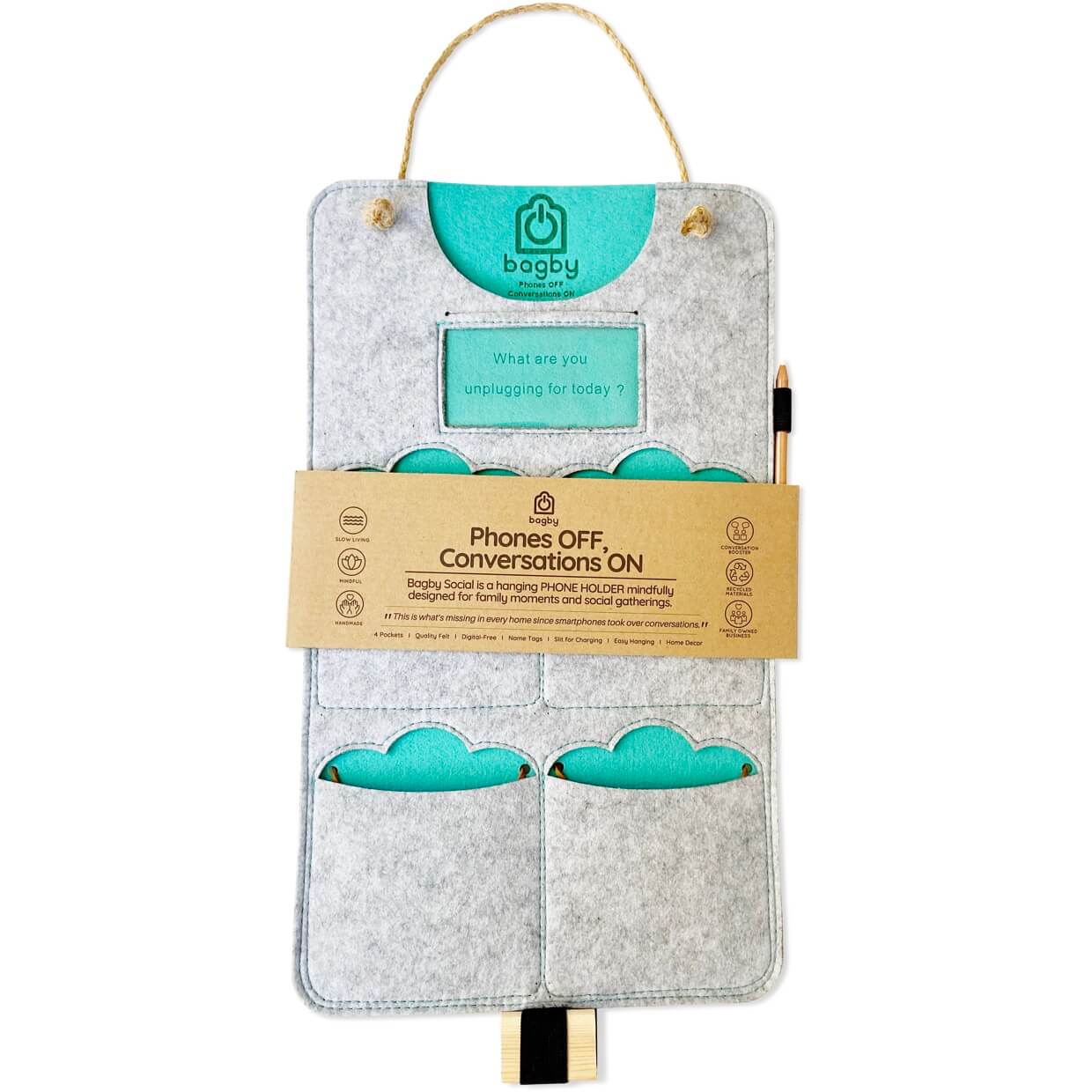 Bagby 4 Pocket Phone Holder in gray felt with turquoise cloud-shaped pockets, displayed flat with product packaging and rope handle visible.