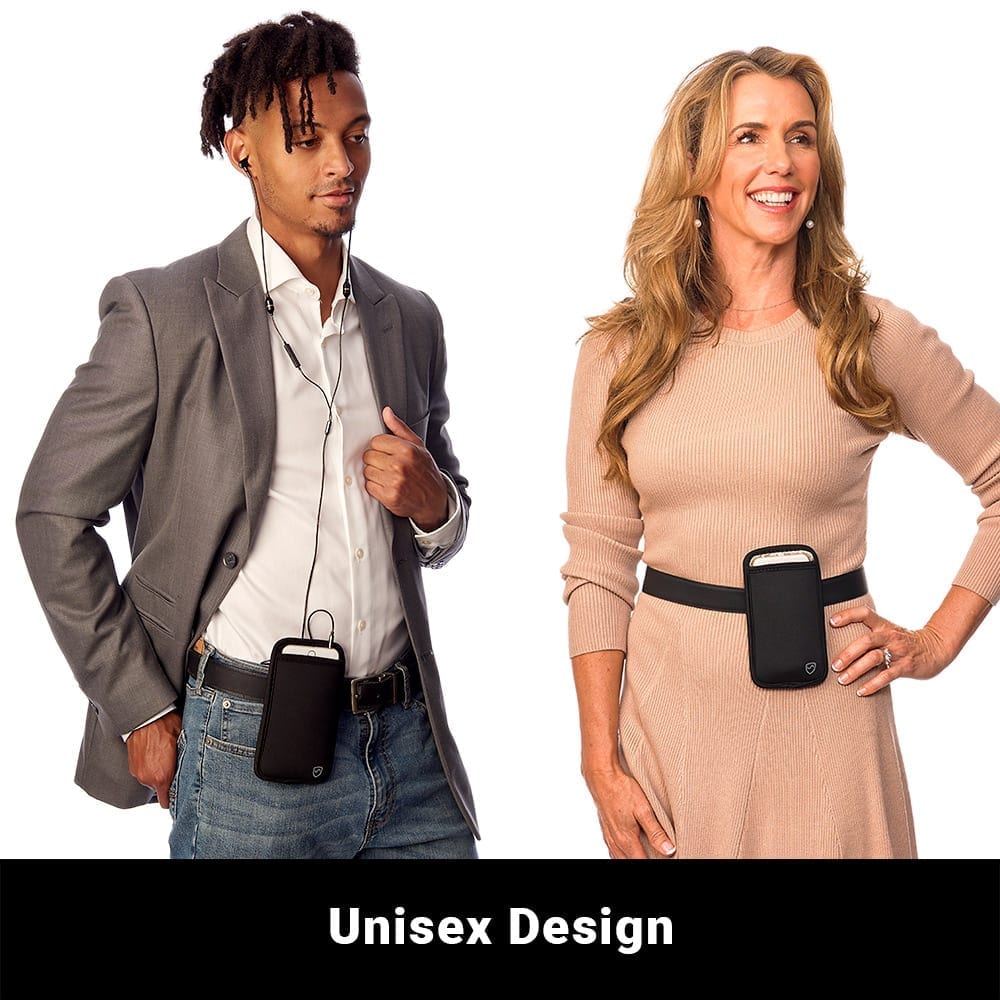 Two people wearing SYB Phone Pouches in different styles—one worn at the hip with a belt loop, the other as a crossbody bag with a strap.