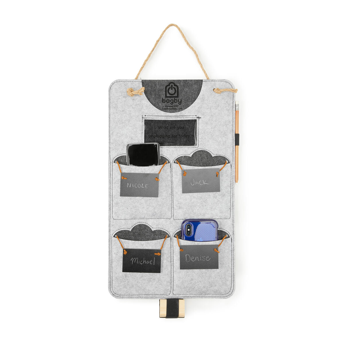 Bagby 4 Pocket Phone Holder wall organizer in light gray felt with four labeled pockets, hanging by rope cord, displaying personalized names and a smartphone.