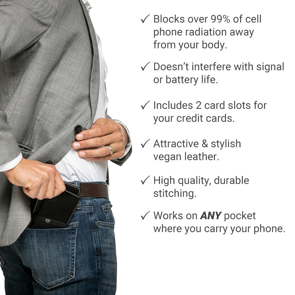 Man wearing SYB Phone Shield in back pocket, displaying card slots and vegan leather wallet with key features listed.