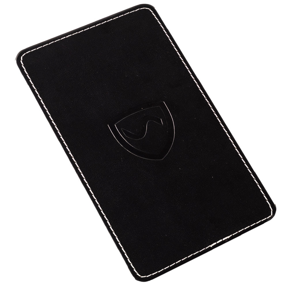 Black SYB Phone Shield with white stitching and shield logo, displayed at an angle on white background.