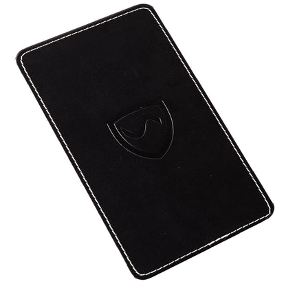 Black SYB Phone Shield with white stitching and shield logo, displayed at an angle on white background.