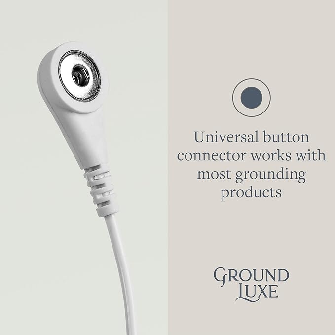 GroundLuxe grounding cord with white connector head and coiled cable, showing universal button connector detail.