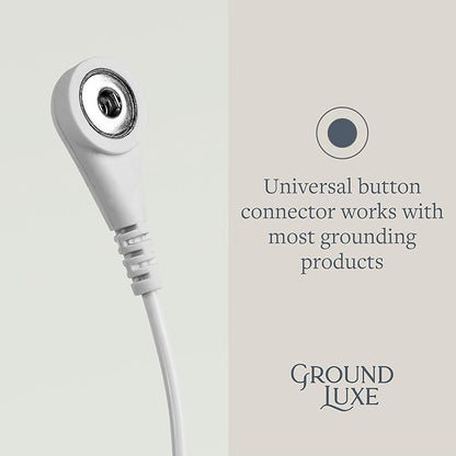 GroundLuxe grounding cord with white connector head and coiled cable, showing universal button connector detail.